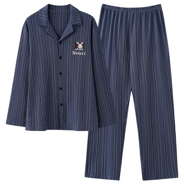 好福份 简约休闲卡通小兔条纹长袖长裤家居服睡衣套装 男款 图片色