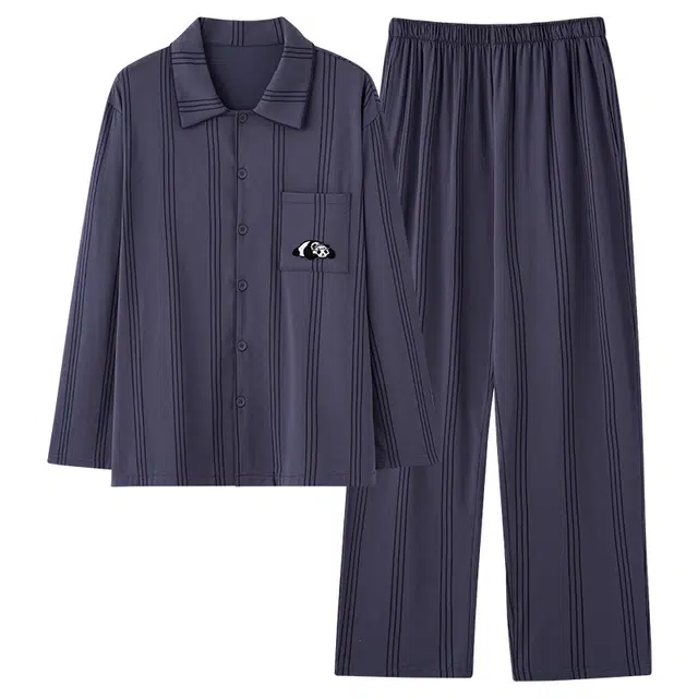 好福份 简约休闲条纹卡通熊猫长袖长裤家居服睡衣套装 男款 图片色