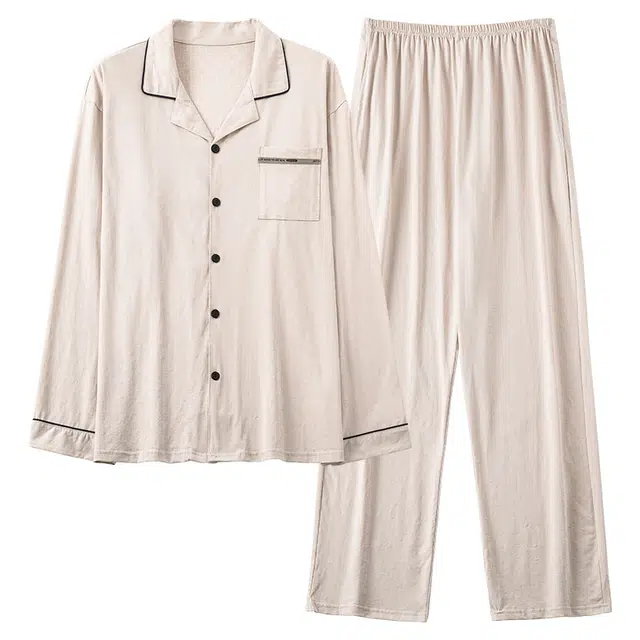 好福份 简约休闲纯色透气纯棉长袖长裤家居服睡衣套装 男款 图片色