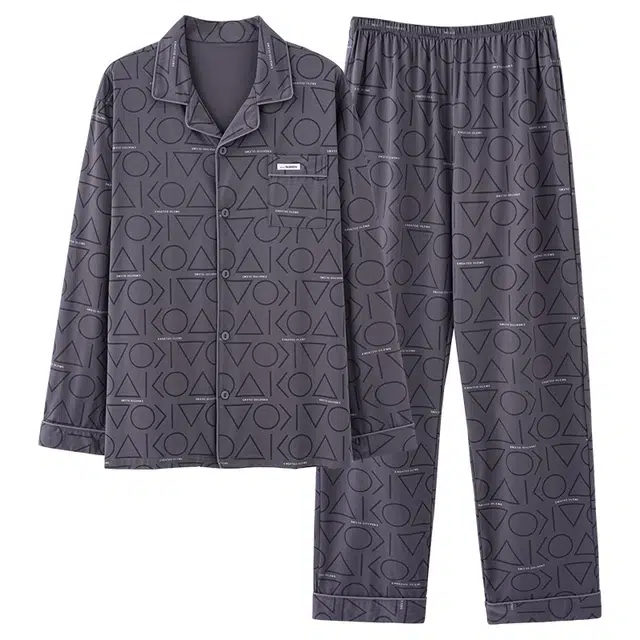 好福份 简约休闲透气亲肤纯棉长袖长裤家居服睡衣套装 男款 图片色