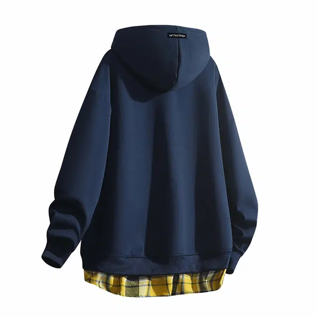 快鱼 美式复古高街哥特字母格子印花简约假两件拼接撞色学院风宽松休闲加厚日常舒适百搭长袖开衫连帽卫衣 男女同款