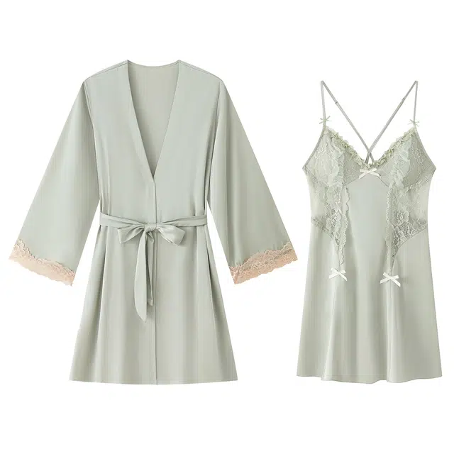 宫蝶 法式性感纯欲风冰丝长袖两件套睡裙高级纯色睡衣套装 女款