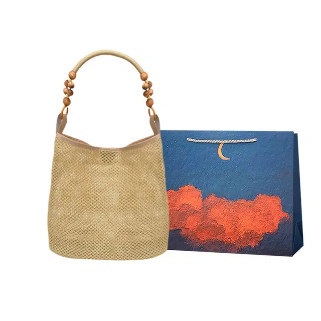 爱尔绅特 夏季出游度假编织女包 休闲大容量 森系小清新文艺包包 草 斜挎 单肩 女款 卡其色/黑色