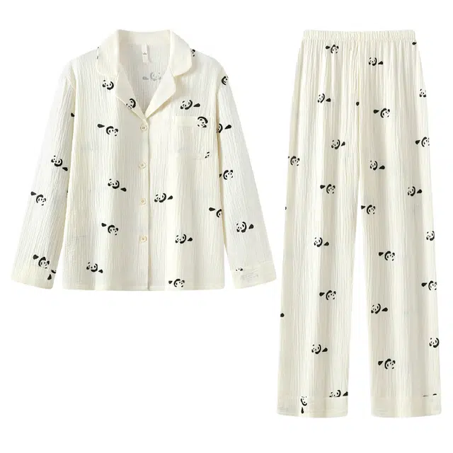 宫蝶 柔软云朵棉家居服长袖可外穿卡通满印休闲开衫睡衣套装 女款 米黄色