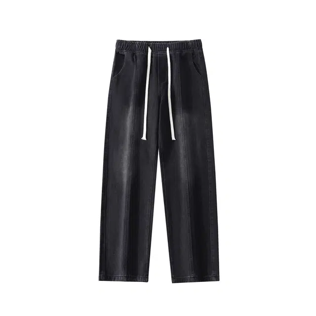 寻星记 美式复古街头水洗做旧系带抽绳直筒高街经典时尚风宽松舒适百搭潮牌休闲工装牛仔裤 男女同款