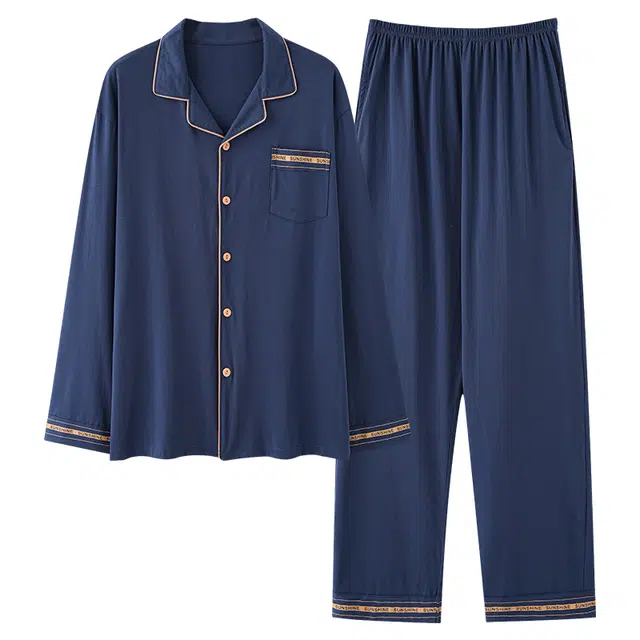 好福份 简约休闲纯色纯棉长袖亲肤长裤家居服睡衣套装 男款 图片色