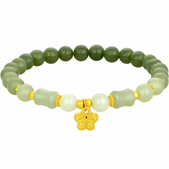 老凤祥 新中式蝶舞 莹润玉珠 国风小巧精致 优雅灵动彰显高贵气质 好运吉祥 和田玉手串 青白玉 女款