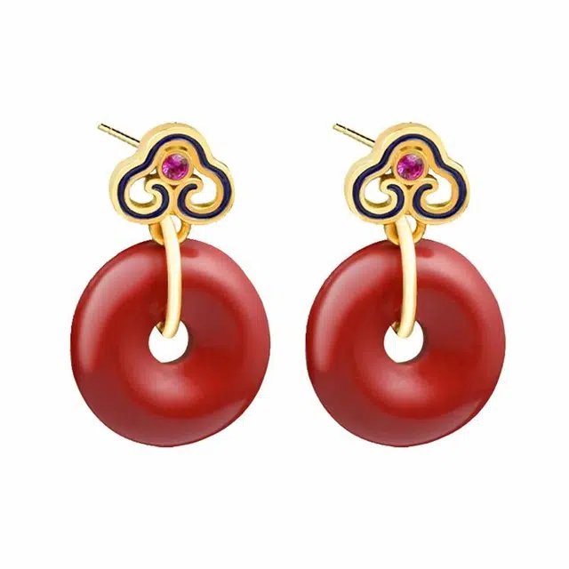 小银匠 祥云平安扣宫廷风小巧新中式民族风复古气质国潮百搭古风配饰 朱砂 耳环 女款