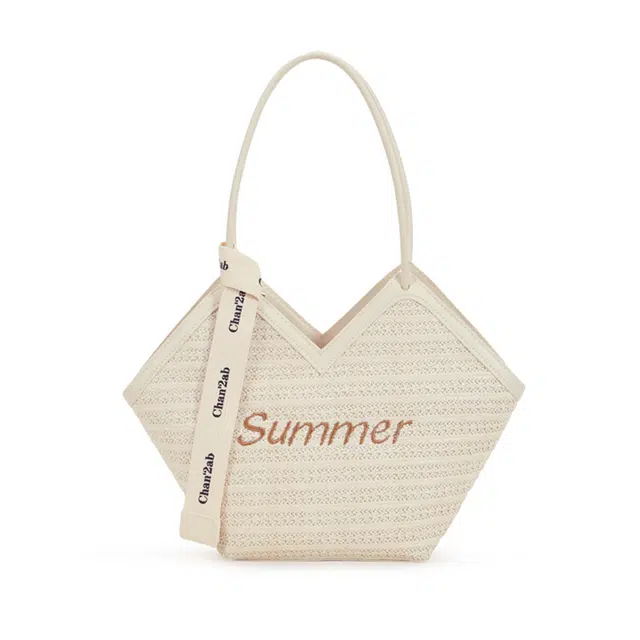 老人头 编织时尚 织物拼合成革 托特包单肩包 女款 米白色