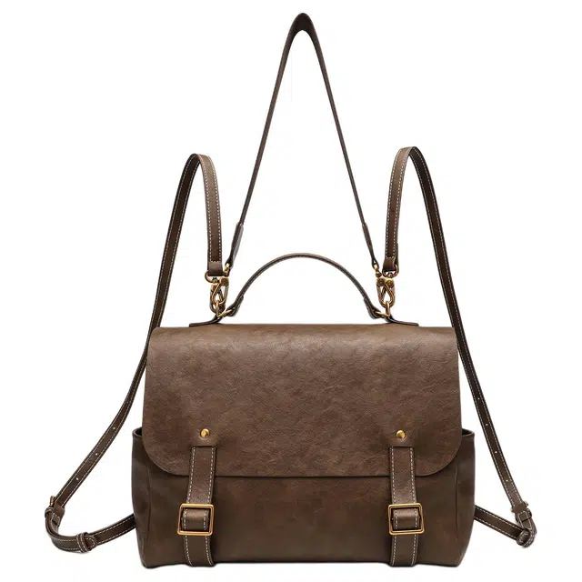 木林森 旅游休闲百搭 聚氨酯拼牛皮 双肩包 女款 浅咖色