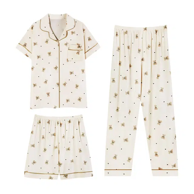 橡柠派 萌趣小熊设计感时尚气质甜美可爱萌妹舒适睡衣套装 女款 米白色