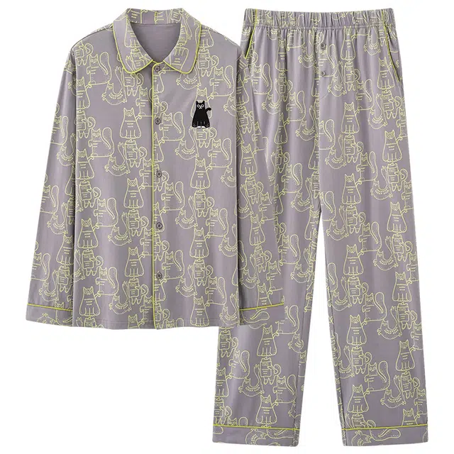 好福份 休闲时尚卡通小猫可外穿家居服睡衣套装 男款 图片色