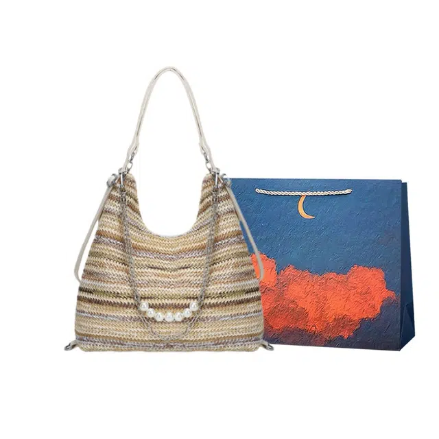 爱尔绅特 慵懒风彩虹 珍珠 链条海边编织包大容量 织物 单肩包 常规 女款 彩色/卡其色