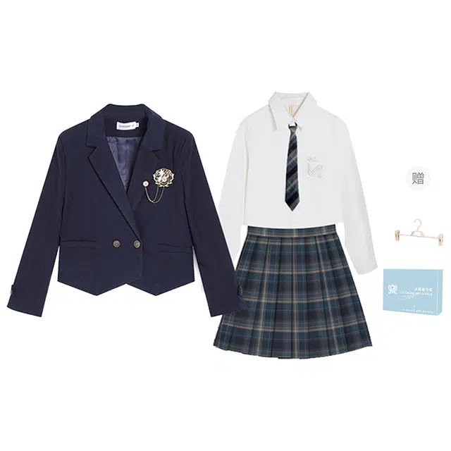 冰淇淋与鲸 学院风纯色双排扣短款长袖高腰百褶制服 女款