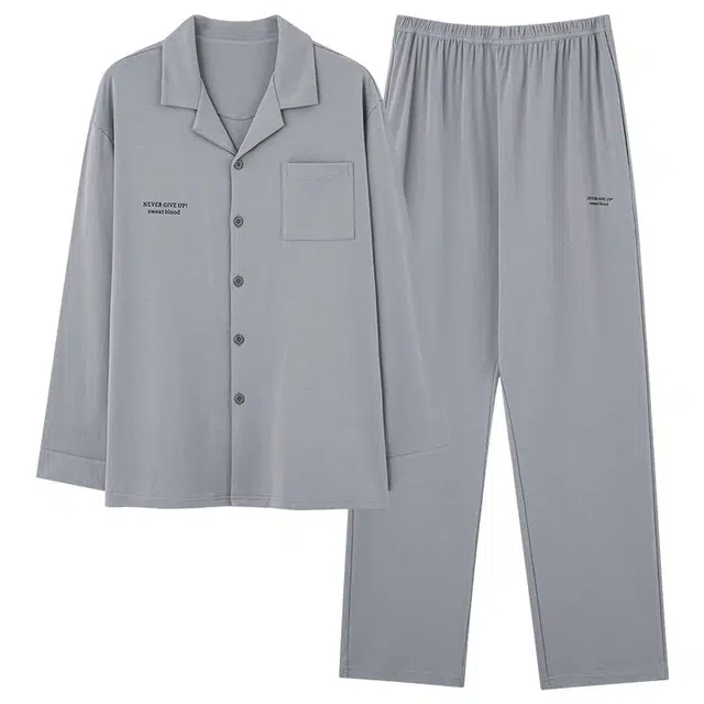 好福份 休闲简约开衫翻领长袖长裤可外穿睡衣套装 男款 图片色
