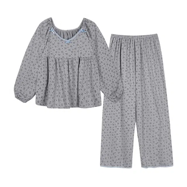 橡柠派 甜美小清新舒适长袖时尚简约蕾丝睡衣套装 女款 灰色