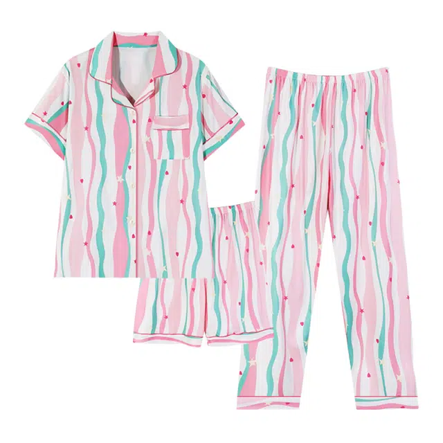 橡柠派 甜美可爱条纹时尚舒适简约家居服睡衣套装 女款 粉色