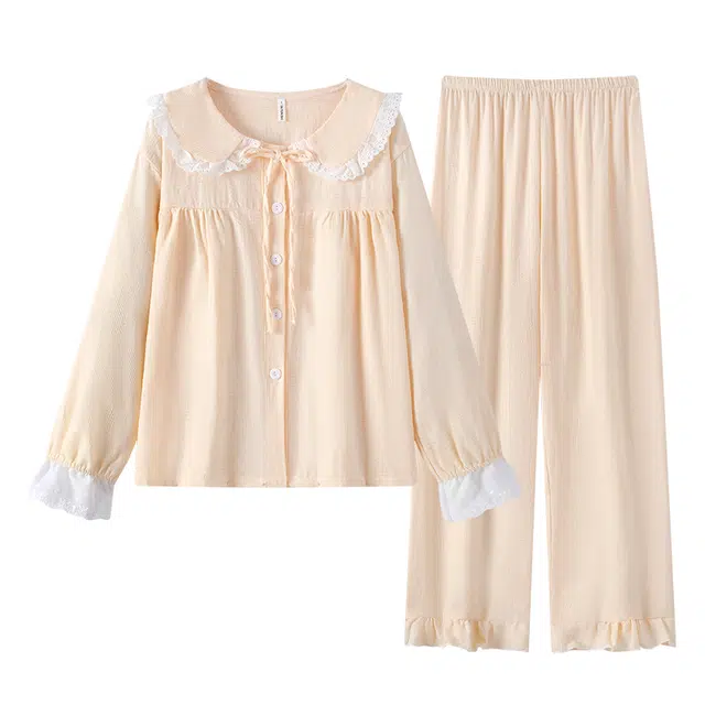 乐姿韵 甜美公主风娃娃领套头长袖长裤可爱舒适家居服可外穿睡衣套装 女款 杏色