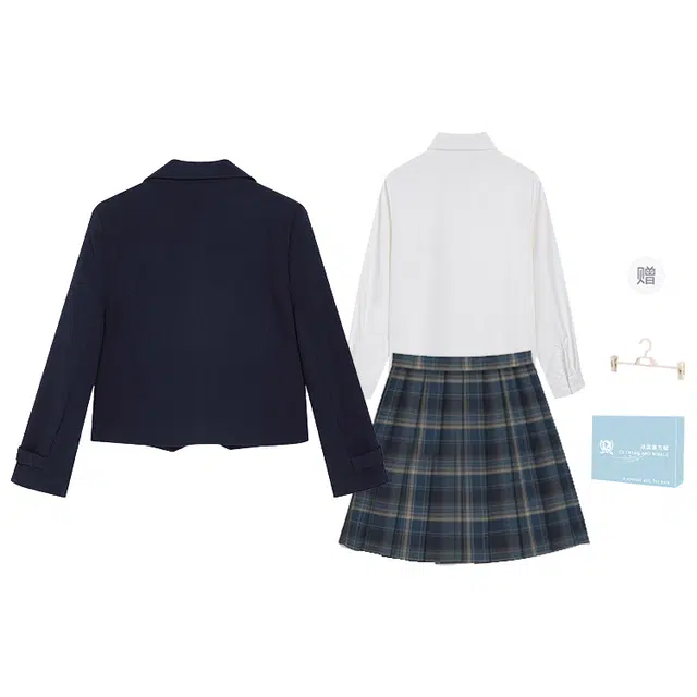冰淇淋与鲸 学院风纯色双排扣短款长袖高腰百褶制服 女款
