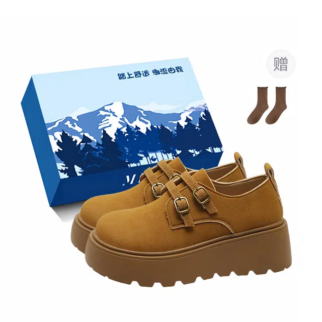 小鹿米利 磨砂皮翻毛皮 保暖耐磨增高防滑 厚底勃肯鞋加绒棉鞋百搭加绒小个子乐福毛毛女鞋 及踝 雪地靴 女款