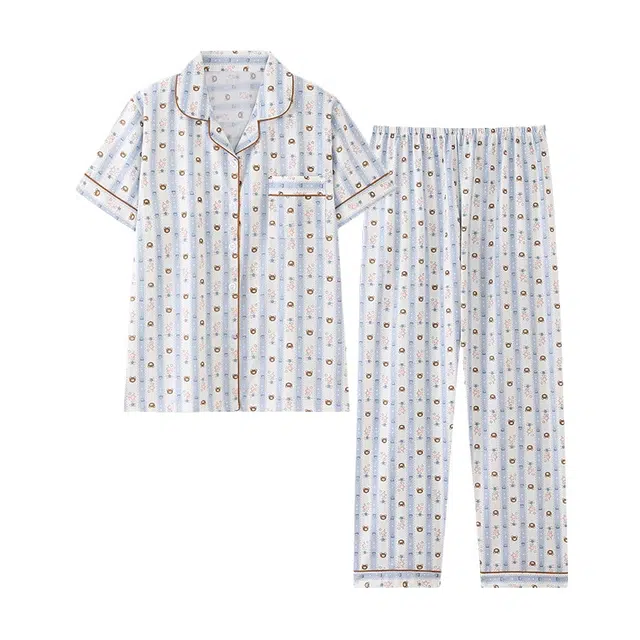 橡柠派 设计感可爱小熊甜美短袖气质舒适条纹撞色时尚睡衣套装 女款 浅蓝色