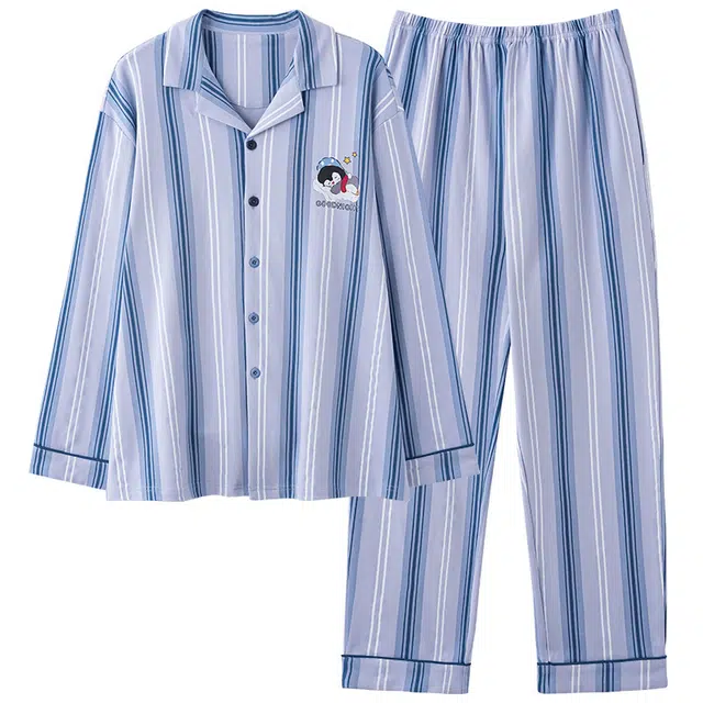 好福份 休闲简约条纹卡通可外穿家居服睡衣套装 男款 图片色