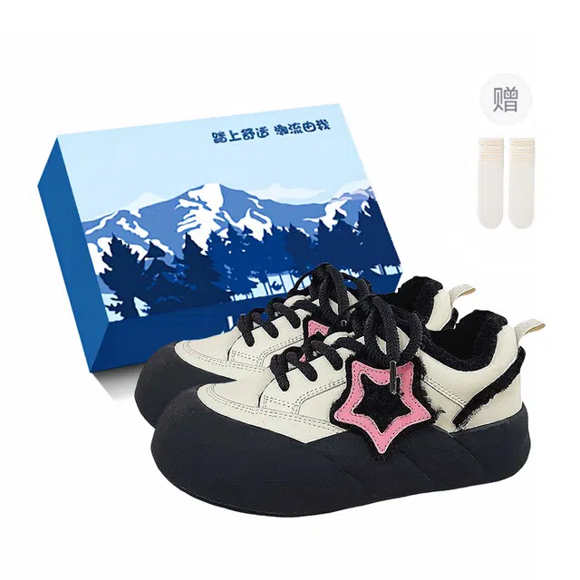 小鹿米利 百搭通勤加绒 保暖防滑耐磨增高 低帮 板鞋 女款 黑粉