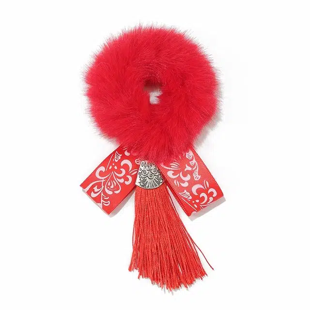 如花梦 古风中国风头饰新年红色毛球发圈 汉服丸子头头花发饰 毛绒 头绳 女款