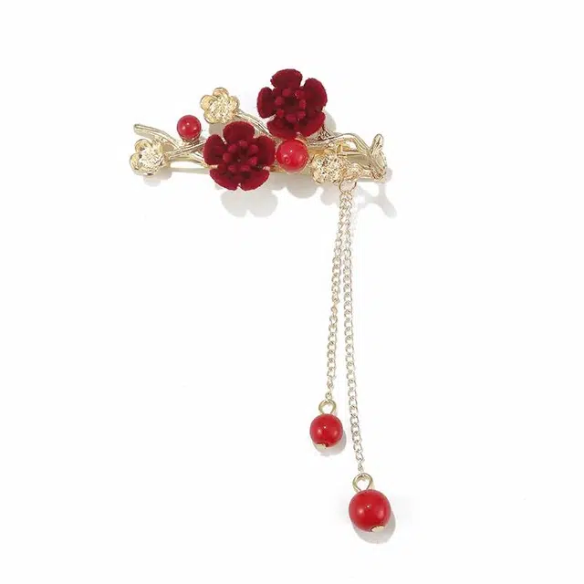 如花梦 秋季轻奢红色梅花流苏国庆 合金 发夹 女款