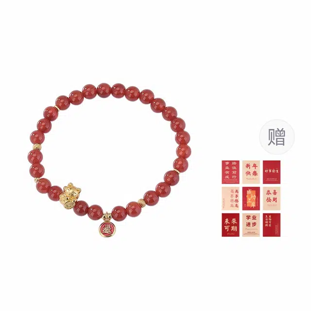 【财源滚滚】 九乐 新中式国潮招财猫日进斗金简约百搭圆珠气质轻奢高级感 好运 玛瑙 手串 男女同款情侣款