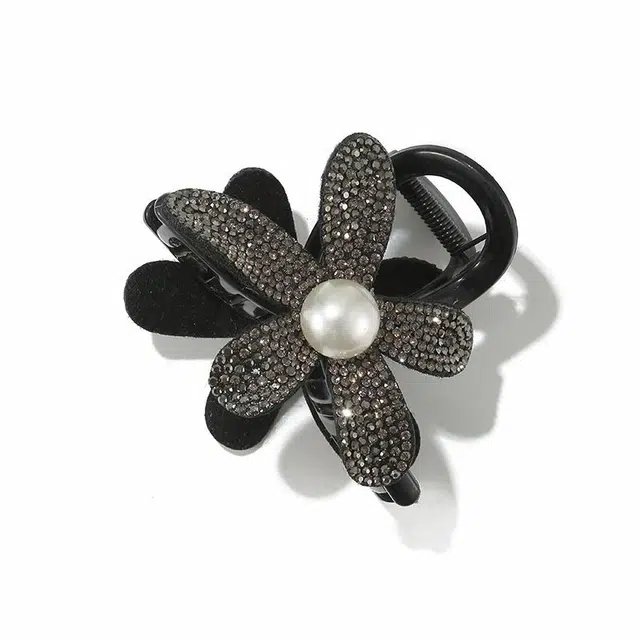 如花梦 珠光花朵高级感轻奢满钻鲨鱼夹盘发法式高马尾 亚克力 发夹 女款