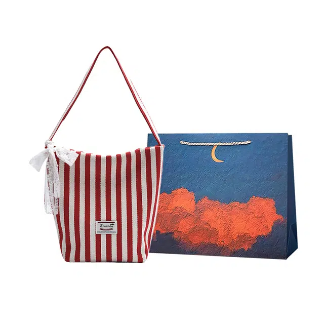 爱尔绅特 韩系小众条纹设计慵懒风时尚百搭 帆布 帆布包单肩包 常规 女款 红色/黑色