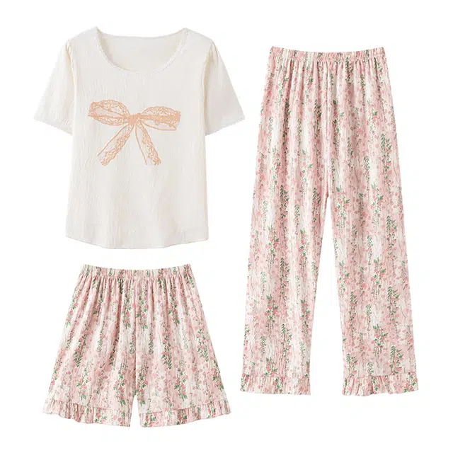 橡柠派 甜美蝴蝶结小清新碎花简约舒适时尚家居服睡衣套装 女款 粉色