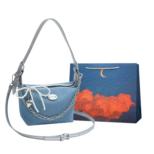 爱尔绅特 休闲百搭女士小拎包 牛仔布 手提单肩斜挎包 常规 女款 银色/黑色