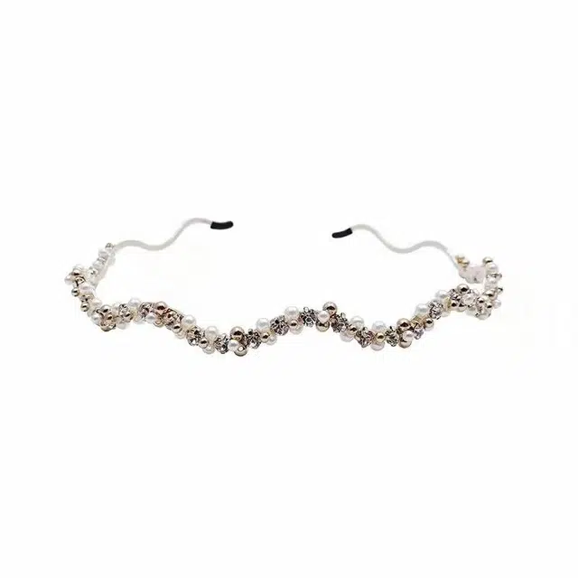 妖娆猫 韩国气质甜美超仙珍珠波浪水钻头箍法式优雅宴会发饰压发头饰 合金 发箍 女款