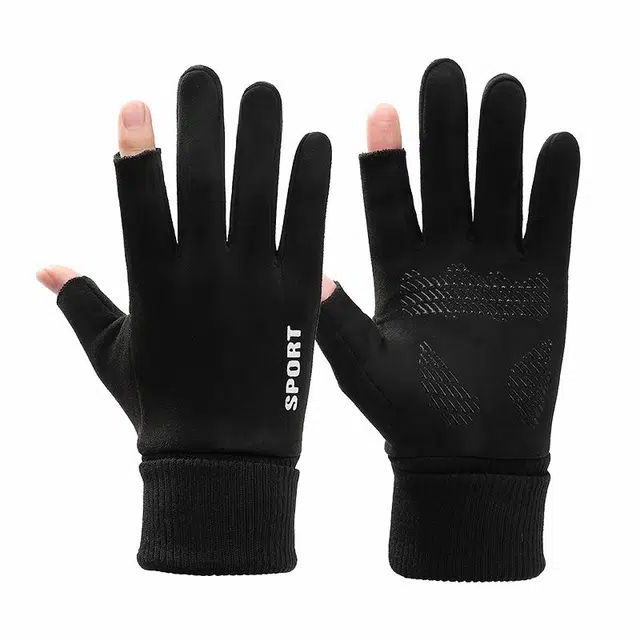 南极人 冬季加绒加厚防寒骑行露二指可触屏户外骑行开车运动登山加长护腕防风 保暖 手套 男款