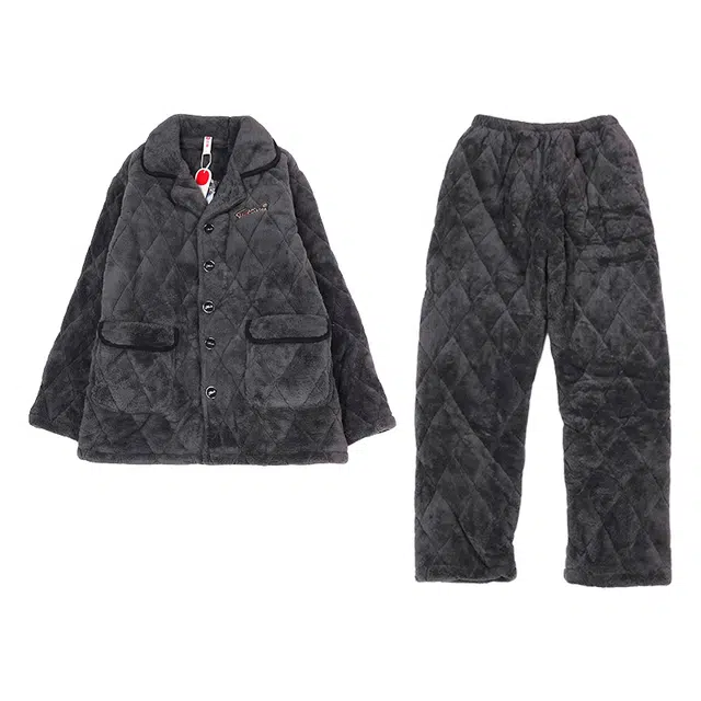 芬腾 珊瑚绒三层加厚夹棉韩版高级感棉袄加绒可外穿学生睡衣套装 男款