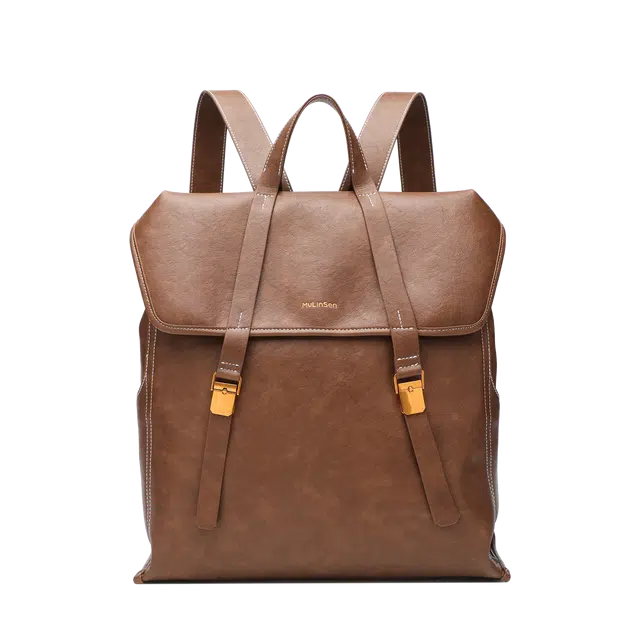 木林森 复古通勤植鞣大容量 聚氨酯拼牛皮 双肩包 大号 男女同款情侣款 浅咖色