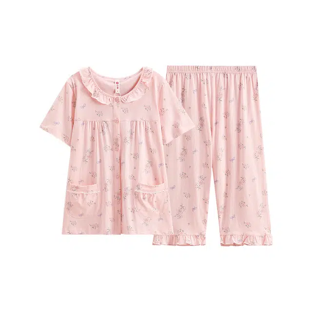 芬腾 圆领植物花卉短袖上衣加大码家居服七分裤夏季睡衣套装 女款 虾粉
