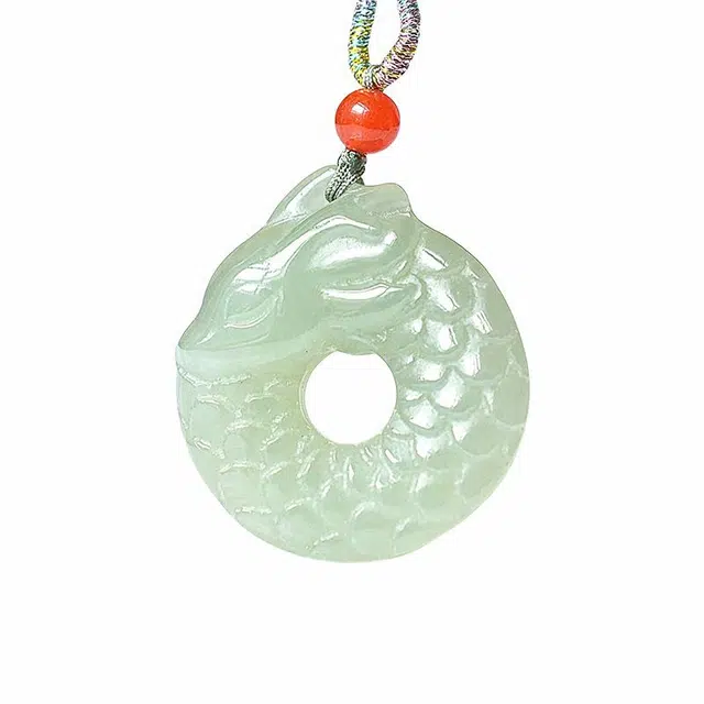 舒杰 中式风格双面精雕龙鱼#好运 和田玉项链 青白玉 男女同款情侣款