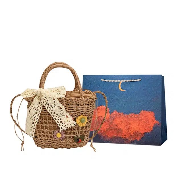 爱尔绅特 小众设计编织包 蕾丝蝴蝶结 草 手提单肩斜挎包 常规 女款 卡其色/米色