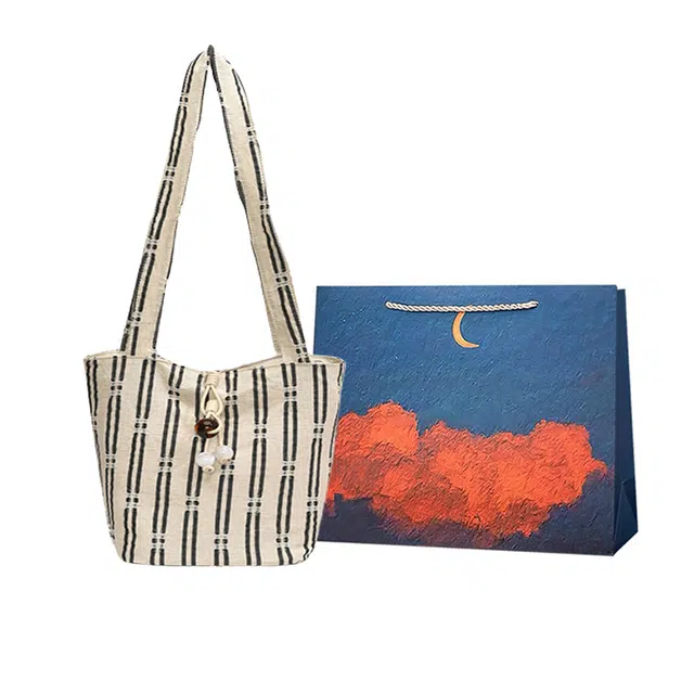 爱尔绅特 韩系刺绣条纹百搭大容量 帆布 帆布包单肩包 常规 女款 米白色