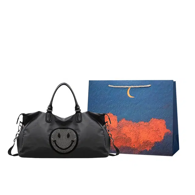 爱尔绅特 韩版纯色大容量卡通笑脸休闲行李袋 牛津纺 旅行包 常规 男女同款情侣款 灰色/黑色