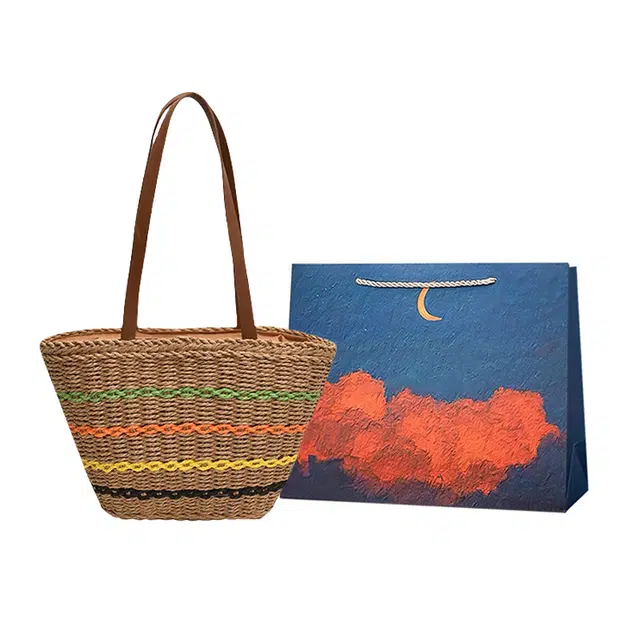 爱尔绅特 休闲沙滩慵懒风 彩色条纹编织包女包 大容量菜篮子包包 草 单肩包 常规 女款 卡其色/米色