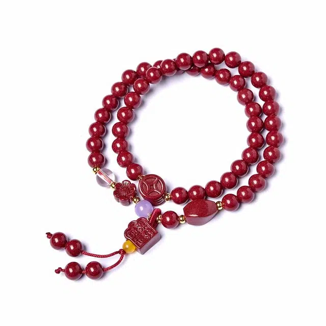 【平安福运】 灵菲 时来运转设计风手饰 新中式 时尚高颜值精致双圈#好运 再造辰砂朱砂 手串 男女同款情侣款