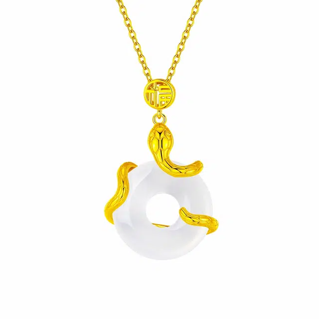 【蛇来运转】中国黄金 珍·尚银 金韵灵蛇平安扣吊坠 十二生肖本命年 新中式蛇年锁骨链 小众轻奢百搭 礼盒 女友 好运 玉髓 项链 女款