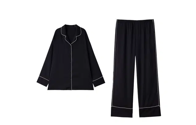 俏薇妮 简约纯色时尚柔软带胸垫高级感长袖长裤休闲舒适可外穿家居服睡衣套装 女款 黑色