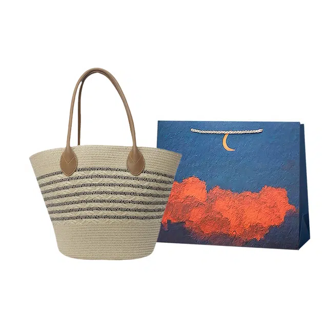 爱尔绅特 条纹草编包 大容量休闲百搭女包 海边沙滩度假包包 草 单肩包 常规 女款 黑色/棕色/驼色