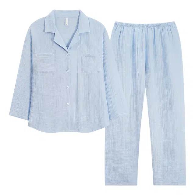 夏芬妍 休闲舒适纯色双层纱婴儿棉翻领开衫家居服柔软亲肤可外穿长袖长裤睡衣套装 女款 蓝色