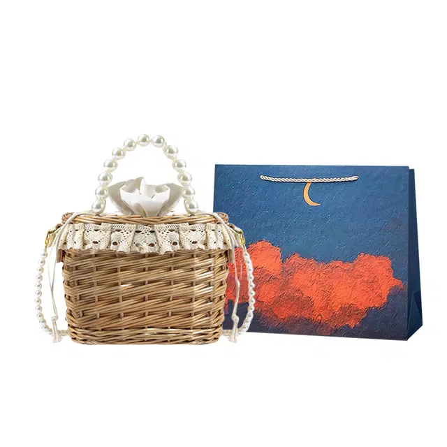 爱尔绅特 休闲女包 珍珠提手编织包水桶包 草编 单肩包 女款 白色/花色